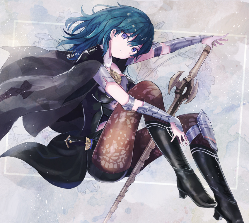 1girl armlet armor bangs blue_eyes blue_hair bodice boots breasts brown_pantyhose bustier byleth_(fire_emblem) byleth_(fire_emblem)_(female) clothing_cutout coat dagger fire_emblem fire_emblem:_three_houses hair_between_eyes high_heel_boots high_heels highres knee_pads knife legwear_under_shorts navel_cutout norimaki_(nrmk_norinori) pantyhose pantyhose_under_shorts patterned_legwear short_sleeves shorts shoulder_armor single_knee_pad solo sword_of_the_creator tassel turtleneck vambraces waist_cape weapon