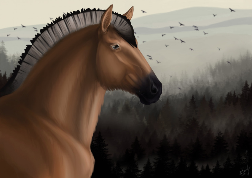 alexandradane amber_eyes anatomically_correct arvakr draft_horse equid equine feral fjord_horse fog forest forest_background horse male mammal nature nature_background plant solo tree