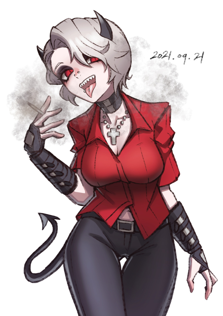 1girl bangs black_horns breasts choker cigarette commentary_request cropped_legs dated demon_girl demon_horns demon_tail helltaker highres horns junik_(snrj2255) korean_commentary pants piercing red_eyes red_shirt shirt short_hair short_sleeves simple_background smile smoke smoking solo standing tail teeth tongue tongue_out tongue_piercing white_background white_hair zdrada_(helltaker)