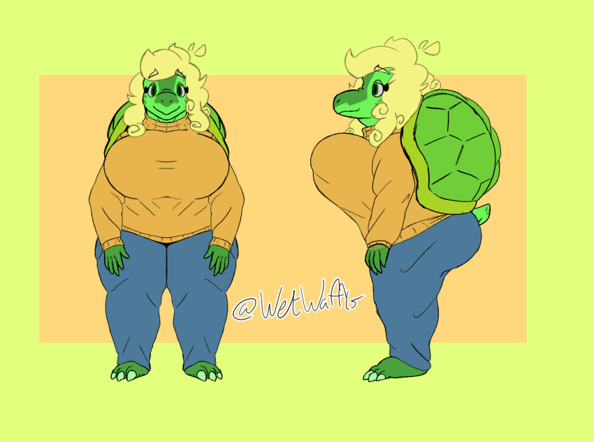 anthro blonde_hair claws clothing curled_hair female green_eyes hair reference_image reptile scalie shell solo sweater sweatpants tetra_(wetwaffls) topwear tortoise turtle turtleneck wetwaffls