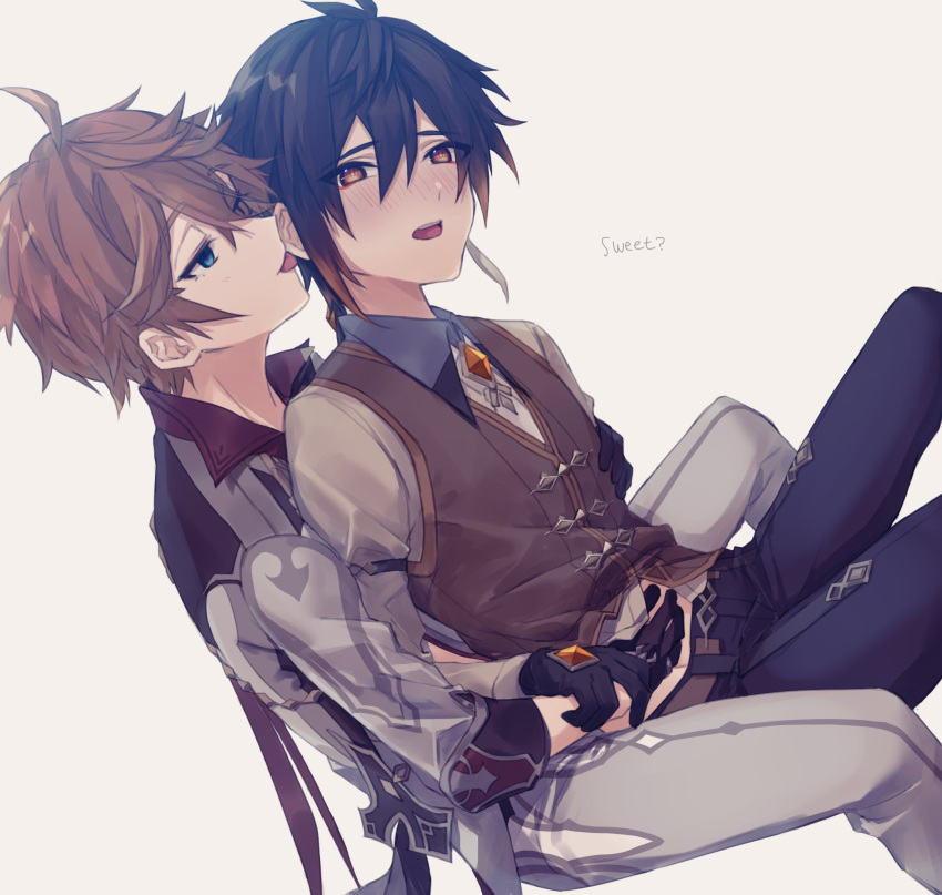 2boys bangs black_gloves black_hair black_pants blue_eyes blush brown_hair earrings genshin_impact gloves grey_pants grey_shirt hair_between_eyes highres jacket jewelry licking licking_ear long_hair long_sleeves male_focus multiple_boys necktie open_mouth orange_eyes pants rns9ws shirt simple_background single_earring sitting tartaglia_(genshin_impact) vest yaoi zhongli_(genshin_impact)