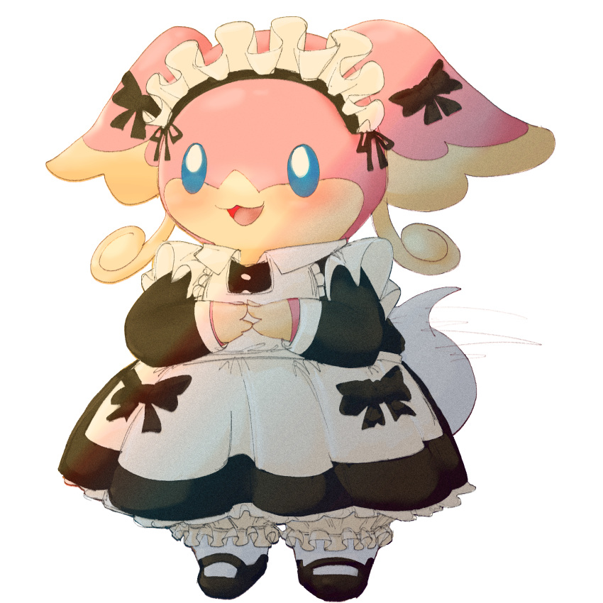 1:1 2022 3_fingers absurd_res aka_leopard ambiguous_gender anthro arms_bent audino big_ears black_clothing blue_eyes blush bow_ribbon clothed clothing countershading dress fingers footwear frilly frilly_clothing fully_clothed generation_5_pokemon happy hi_res legwear maid_headdress maid_uniform multicolored_body nintendo noseless open_:3 open_mouth pink_body pokemon pokemon_(species) shaded shoes simple_background solo stockings tan_body tongue two_tone_body uniform video_games white_background