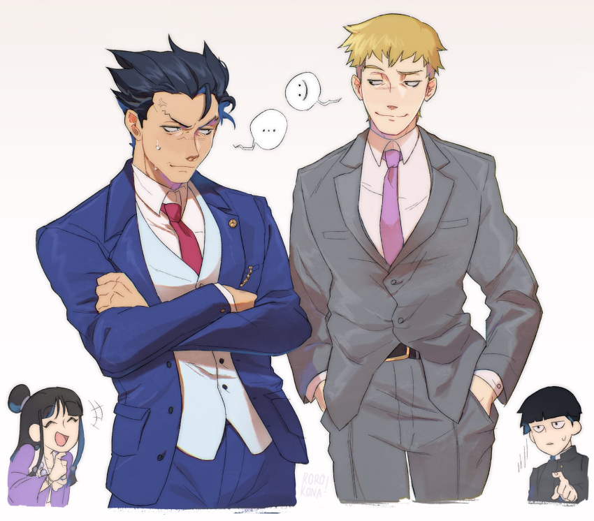 1girl 3boys ace_attorney black_hair blonde_hair blush brown_hair crossover formal hat highres jacket japanese_clothes jewelry kageyama_shigeo long_hair long_sleeves magatama male_focus mia_fey mob_psycho_100 multiple_boys necktie open_mouth pants phoenix_wright reigen_arataka rorokonaa school_uniform short_hair smile suit