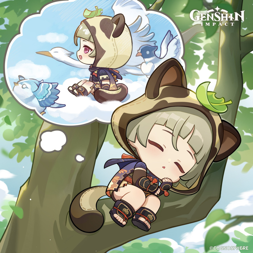 1girl absurdres animal animal_hood bangs bird black_footwear black_gloves blush chibi cloud day dreaming english_commentary fingerless_gloves genshin_impact gloves grey_hair highres hood hood_up in_tree leaf leaf_on_head logo lying official_art on_side outdoors parted_lips purple_eyes sayu_(genshin_impact) short_hair sitting sky sleeping solo tree