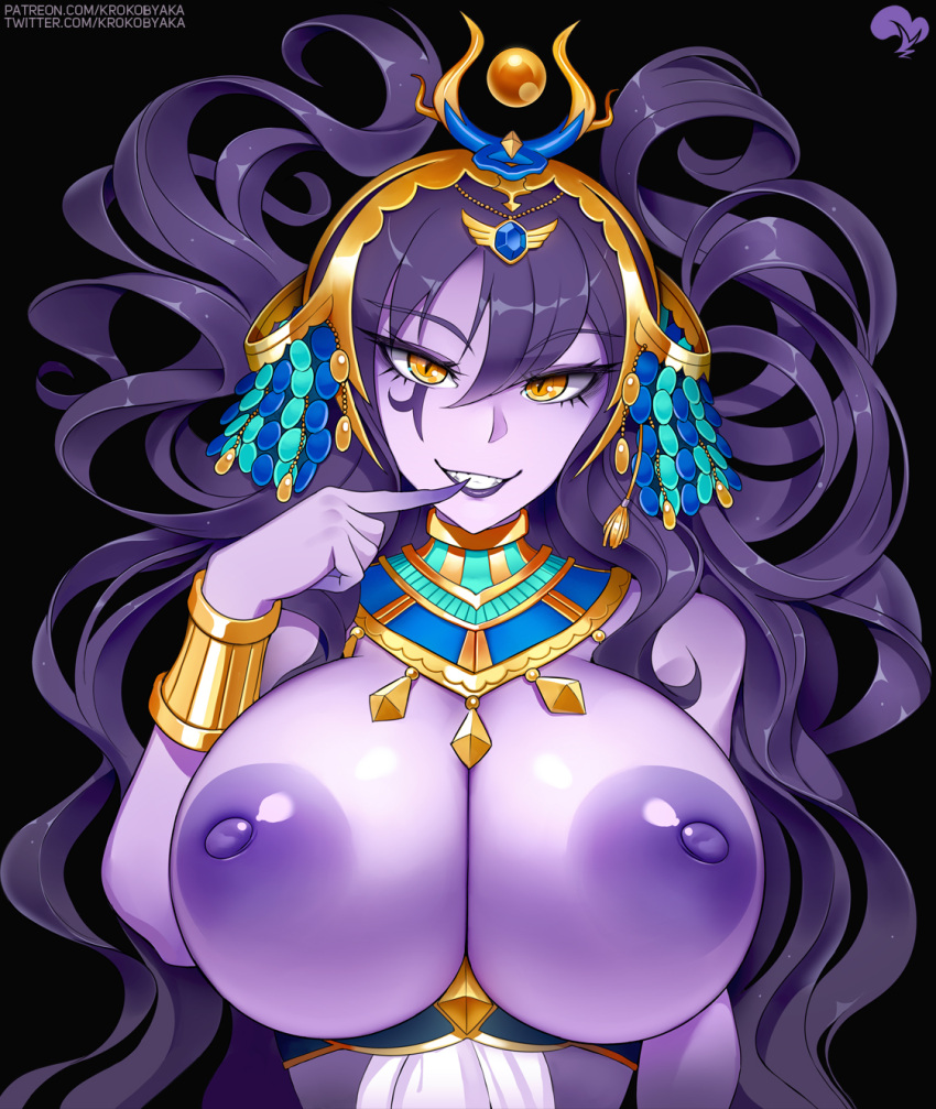 1girl areola_slip bangs black_background breasts colored_skin commentary english_commentary finger_to_mouth grin hair_between_eyes hair_spread_out highres huge_breasts indie_virtual_youtuber jewelry krokobyaka large_areolae looking_at_viewer nipples parted_lips puffy_nipples purple_hair purple_lips purple_skin simple_background smile solo teeth upper_body usekh_collar vexoria_the_sun_eater virtual_youtuber yellow_eyes