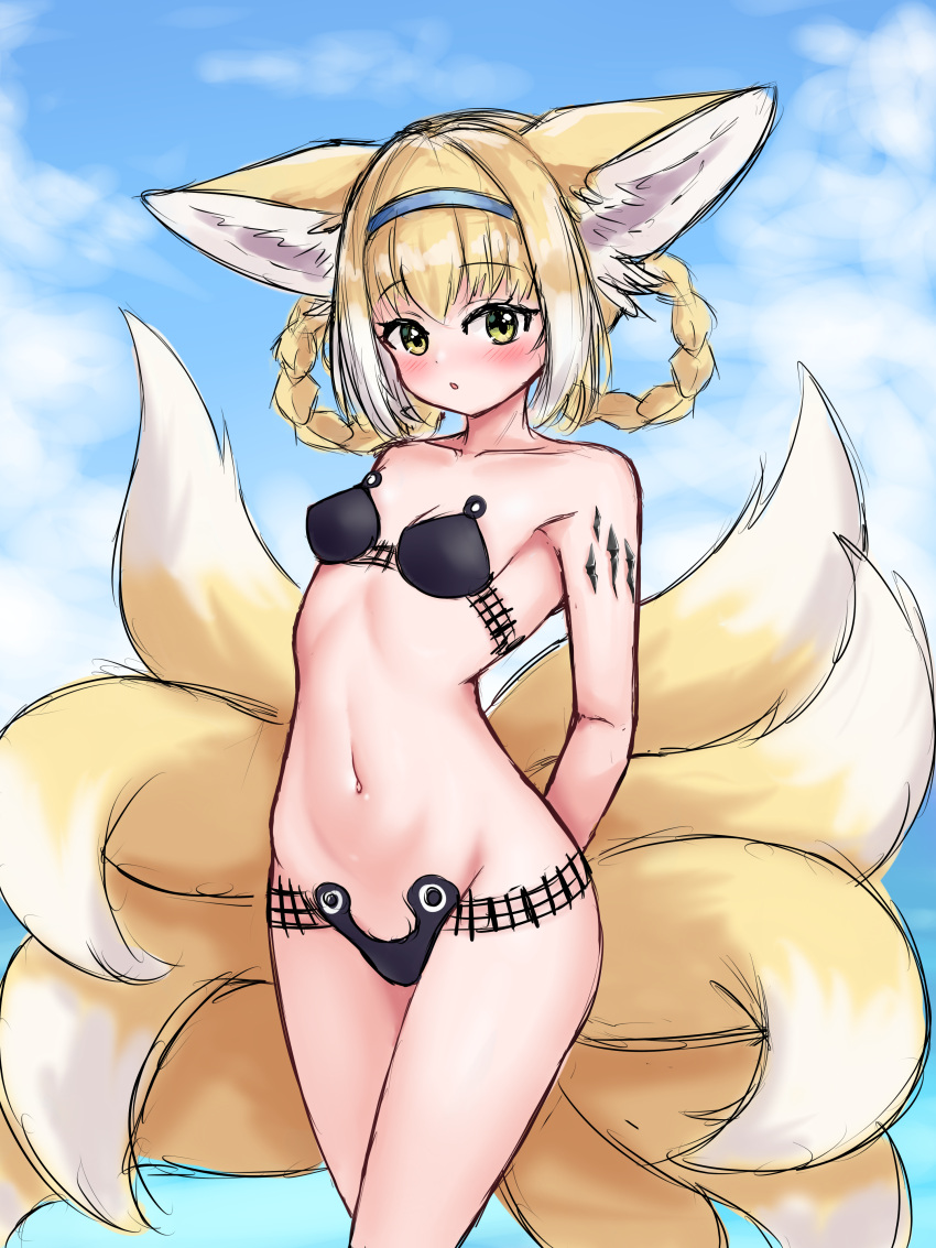 1girl :o abigail_williams_(fate) abigail_williams_(swimsuit_foreigner)_(fate) abigail_williams_(swimsuit_foreigner)_(fate)_(cosplay) absurdres animal_ear_fluff animal_ears arknights arms_behind_back bikini black_bikini blonde_hair blue_hairband blue_sky blush braid breasts cloud cloudy_sky collarbone cosplay day fate/grand_order fate_(series) fox_ears fox_girl fox_tail green_eyes gridman_universe hair_rings hairband highres kyuubi looking_at_viewer multicolored_hair multiple_tails outdoors parted_lips rylaera sky small_breasts strapless strapless_bikini suzuran_(arknights) swimsuit tail twin_braids two-tone_hair white_hair