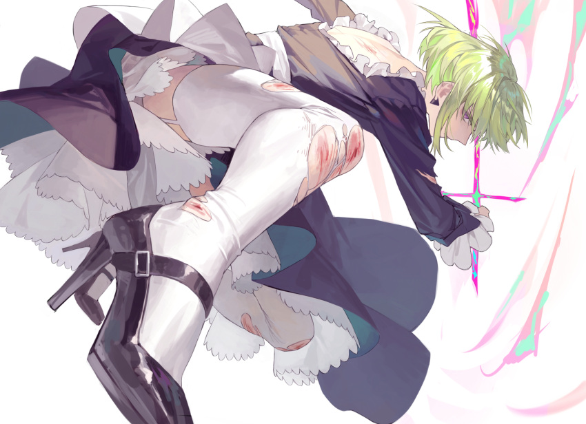 1boy alternate_costume apron back_cutout bangs black_dress black_footwear bleeding blood chinese_commentary clothing_cutout commentary_request crossdressing cuts dress energy foreshortening frilled_dress frilled_sleeves frills from_side full_body garter_straps green_hair high_heels highres holding holding_sword holding_weapon injury layered_dress lio_fotia long_sleeves looking_at_viewer maid male_focus one_knee promare purple_eyes serious short_hair simple_background solo sword thighhighs torn_clothes torn_legwear torn_thighhighs waist_apron weapon white_background white_thighhighs yuan_di_shaobing