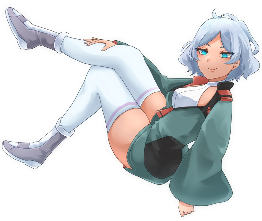 1girl absurdres blue_eyes boots breasts dark-skinned_female dark_skin from_side green_jacket green_shorts grey_footwear grey_hair gundam gundam_suisei_no_majo halter_shirt halterneck highres jacket leaning_back medium_breasts secelia_dote shirt short_hair shorts sitting skindentation smile solo thighhighs ujuto_(popori666) white_background white_shirt white_thighhighs