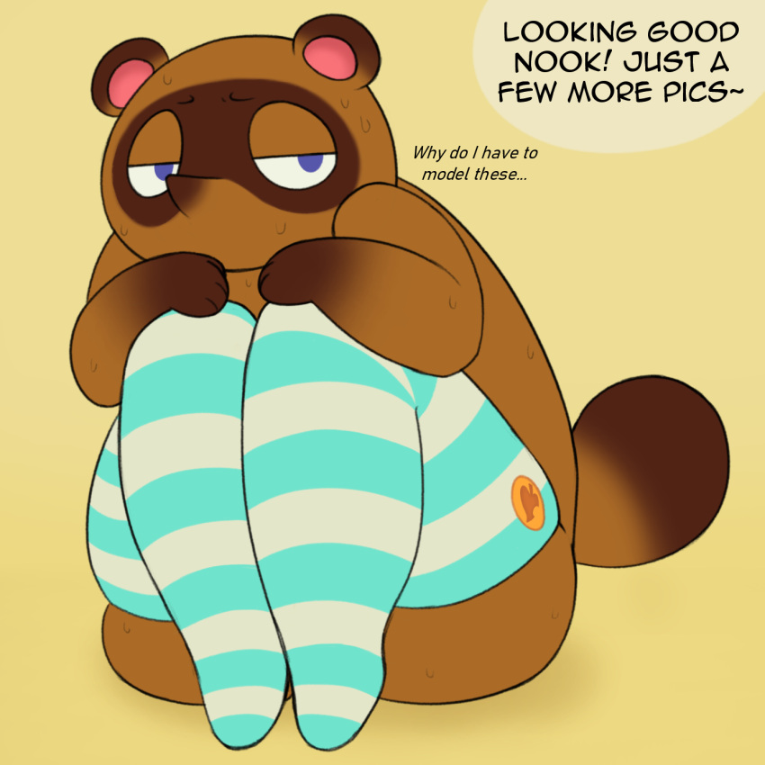 1:1 animal_crossing anthro big_butt blue_eyes bodily_fluids brown_body brown_fur butt canid canine clothing dialogue english_text fur hi_res legwear male mammal mostly_nude nintendo patch_(fabric) pattern_clothing pattern_legwear pattern_stockings pose raccoon_dog simple_background solo stockings striped_clothing striped_legwear striped_stockings stripes sweat symbol tanuki text thick_tail thick_thighs tom_nook_(animal_crossing) uncomfortable video_games wide_hips zlut385