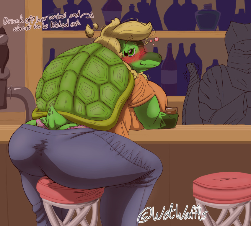 alcohol alcoholic_drink anthro background_character bar bar_counter bar_stool beverage big_breasts big_butt blonde_hair blush bottomwear breasts bubble butt clothing container counter cup drinking_glass drunk drunk_bubble duo female furniture glass glass_container glass_cup hair panties pants pit_viper rattlesnake reptile scalie shell shot_glass snake stool substance_intoxication tetra_(wetwaffls) tight_bottomwear tight_clothing tight_pants tortoise turtle underwear viper wardrobe_malfunction wetwaffls