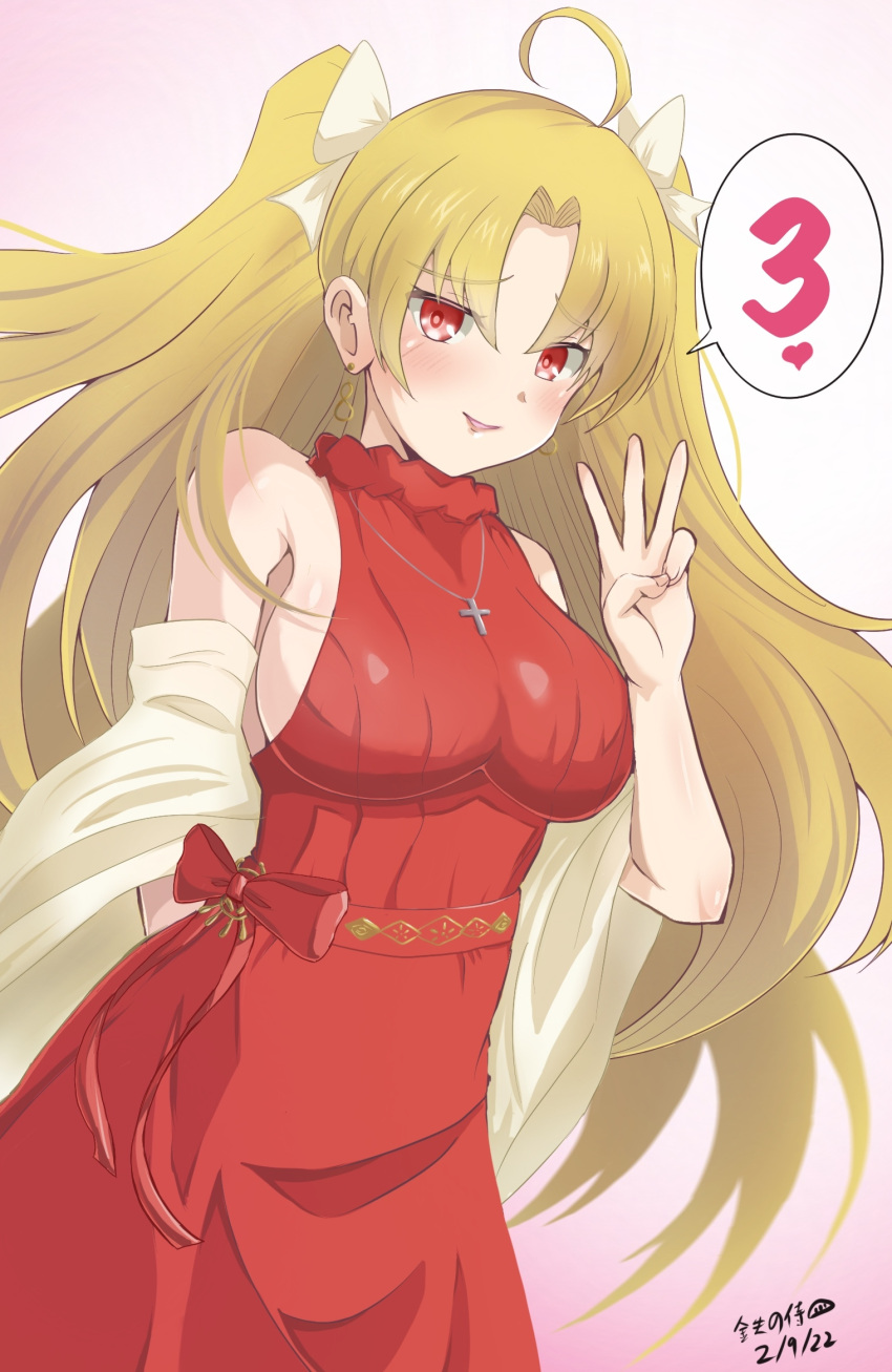 1girl alternate_costume blonde_hair blush cross cross_necklace dated dress earrings ereshkigal_(bitter_sweet)_(fate) ereshkigal_(fate) fate/grand_order fate_(series) hair_ribbon heart highres hoop_earrings iron_samurai jewelry lipstick long_hair looking_at_viewer makeup middle_w necklace official_alternate_costume pink_lips red_dress red_eyes ribbon shawl simple_background sleeveless sleeveless_dress solo spoken_heart spoken_number w white_ribbon white_shawl