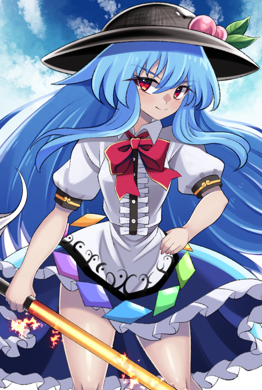 1girl absurdres bangs black_headwear blue_hair blue_skirt blue_sky bow bowtie center_frills closed_mouth cloud doku_yanagi food frills fruit highres hinanawi_tenshi holding holding_sword holding_weapon leaf long_hair looking_at_viewer outdoors peach rainbow_order red_bow red_bowtie red_eyes short_sleeves skirt sky smile solo sword sword_of_hisou touhou weapon