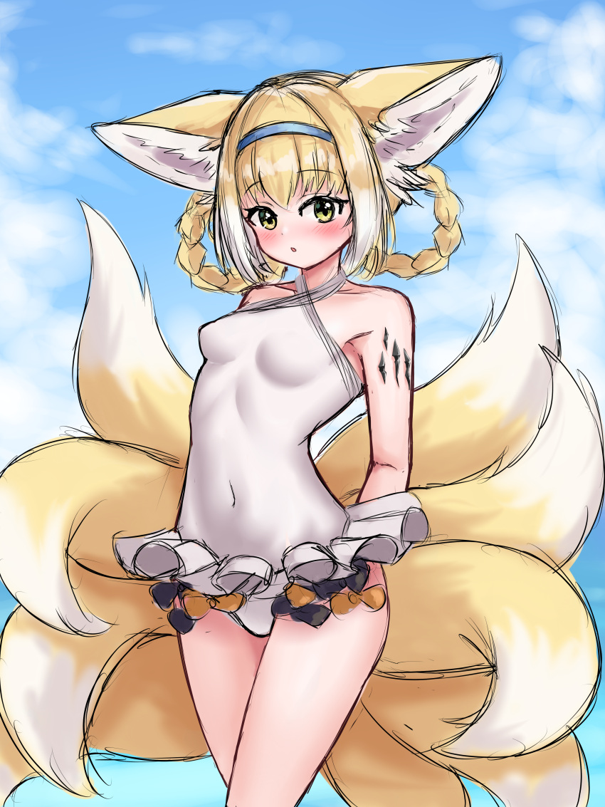 1girl :o abigail_williams_(fate) abigail_williams_(swimsuit_foreigner)_(fate) abigail_williams_(swimsuit_foreigner)_(fate)_(cosplay) absurdres animal_ear_fluff animal_ears arknights arms_behind_back bare_shoulders blonde_hair blue_hairband blue_sky blush braid breasts cloud cloudy_sky cosplay covered_navel day fate/grand_order fate_(series) fox_ears fox_girl fox_tail frilled_swimsuit frills green_eyes gridman_universe hair_rings hairband highres kyuubi looking_at_viewer multicolored_hair multiple_tails outdoors parted_lips rylaera sky small_breasts suzuran_(arknights) swimsuit tail twin_braids two-tone_hair white_hair white_one-piece_swimsuit