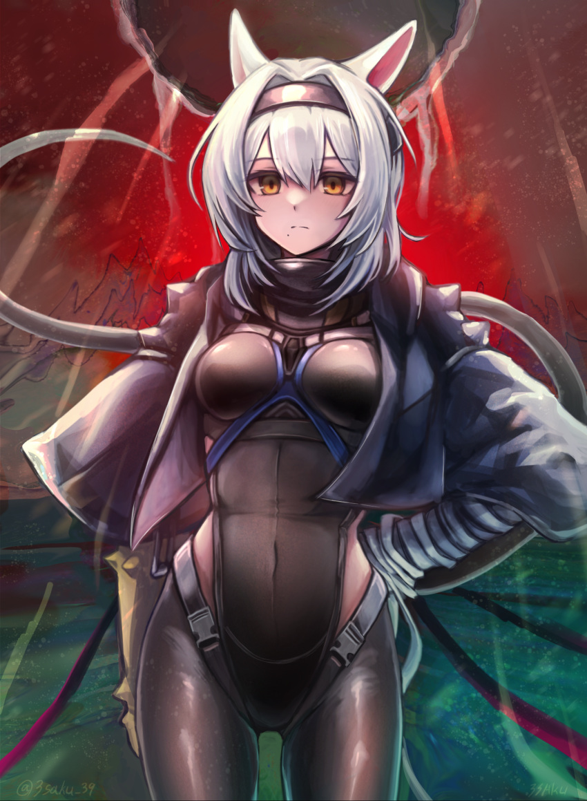 1girl 3_(sanyako1) animal_ears arknights black_hairband black_jacket black_pantyhose black_shirt breasts cowboy_shot gloves grey_hair hair_between_eyes hair_intakes hairband hand_on_hip highres jacket long_sleeves looking_at_viewer mouse_ears mouse_girl mouse_tail official_alternate_costume open_clothes open_jacket orange_eyes pantyhose scavenger_(arknights) scavenger_(survive)_(arknights) shirt short_hair small_breasts solo tail thigh_gap waist_cutout yellow_gloves
