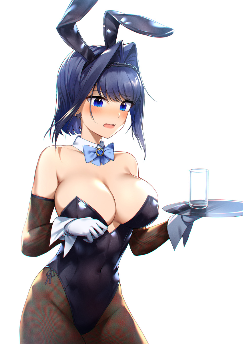 1girl absurdres animal_ears bangs bare_shoulders bingsardina black_leotard blue_bow blue_bowtie blue_eyes blue_hair blush bow bow_earrings bowtie breasts cleavage cowboy_shot cup detached_collar detached_sleeves earrings fake_animal_ears hair_intakes head_chain highres holding holding_tray hololive hololive_english jewelry leotard long_sleeves looking_away open_mouth ouro_kronii pantyhose rabbit_ears short_hair simple_background solo standing strapless strapless_leotard tray virtual_youtuber white_background