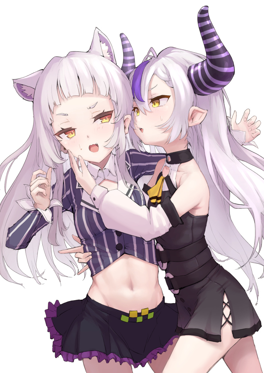 2girls animal_ear_fluff animal_ears bangs bare_shoulders black_dress black_skirt blush cat_ears cowboy_shot demon_horns detached_sleeves dress extra_ears frilled_skirt frills grey_hair hair_between_eyes hand_on_another's_cheek hand_on_another's_face highres hololive horns la+_darknesss long_hair long_sleeves looking_at_another midriff mitsuru_(pixiv_34028718) multiple_girls murasaki_shion navel open_mouth parted_lips purple_hair shirt simple_background skirt striped striped_shirt sweat vertical-striped_shirt vertical_stripes very_long_hair virtual_youtuber white_background yellow_eyes yuri