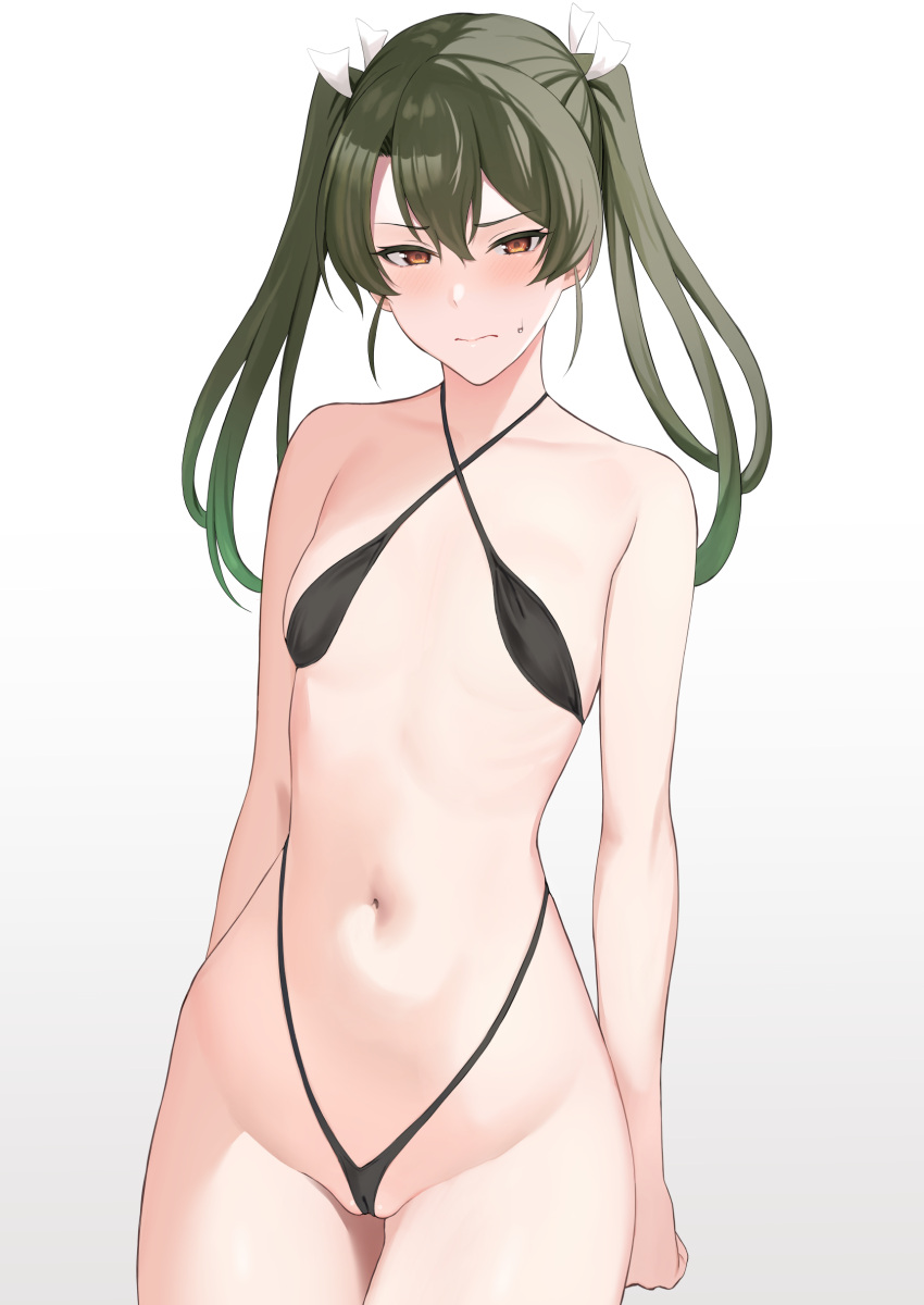 1girl absurdres bare_arms bare_legs bare_shoulders bikini black_bikini blush brown_eyes closed_mouth collarbone cowboy_shot female_pubic_hair green_hair groin hair_between_eyes hair_ribbon highres kantai_collection long_hair navel pubic_hair pussy ribbon simple_background solo swimsuit takaman_(gaffe) white_background white_ribbon zuikaku_(kancolle)