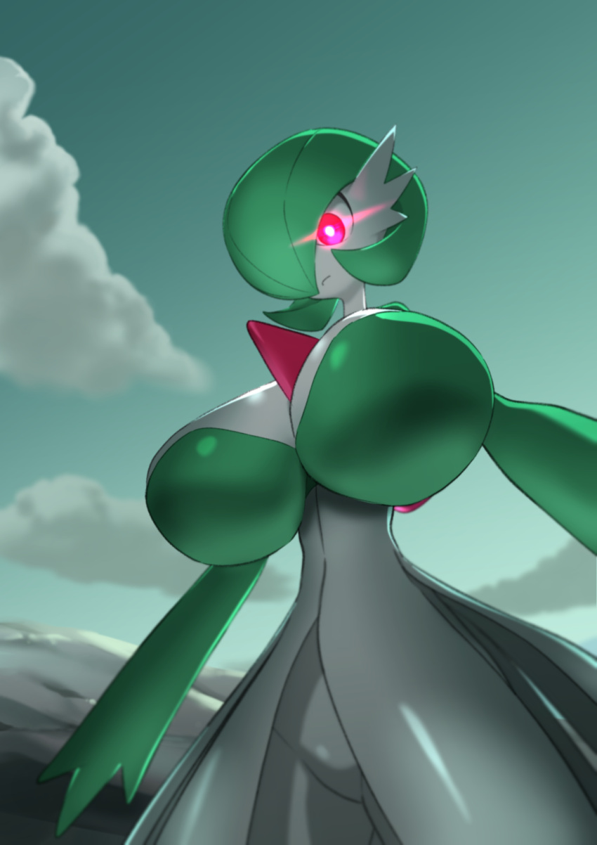 3_fingers alpha_pok&eacute;mon big_breasts breasts cheek_tuft chest_spike cleavage closed_frown clothed clothing cloud dress facial_tuft featureless_crotch female fingers frown gardevoir generation_3_pokemon glistening glistening_breasts glowing glowing_eyes green_body green_hair green_skin hair hi_res huge_breasts humanoid ika_daishougun looking_down low-angle_view macro mouth_closed multicolored_body multicolored_skin nintendo noseless pink_eyes pokemon pokemon_(species) pokemon_legends_arceus pseudo_clothing pupils red_spikes short_hair sky solo spikes spikes_(anatomy) standing tuft two_tone_body two_tone_skin unimpressed video_games white_body white_clothing white_dress white_pupils white_skin worm's-eye_view