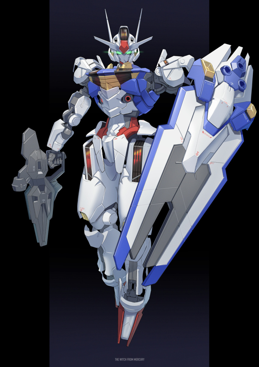 beam_rifle commentary copyright_name dark_background energy_gun full_body glowing glowing_eyes green_eyes gun gundam gundam_aerial gundam_suisei_no_majo highres holding holding_gun holding_weapon isegawa_yasutaka looking_at_viewer mecha mobile_suit no_humans robot science_fiction shield solo v-fin weapon