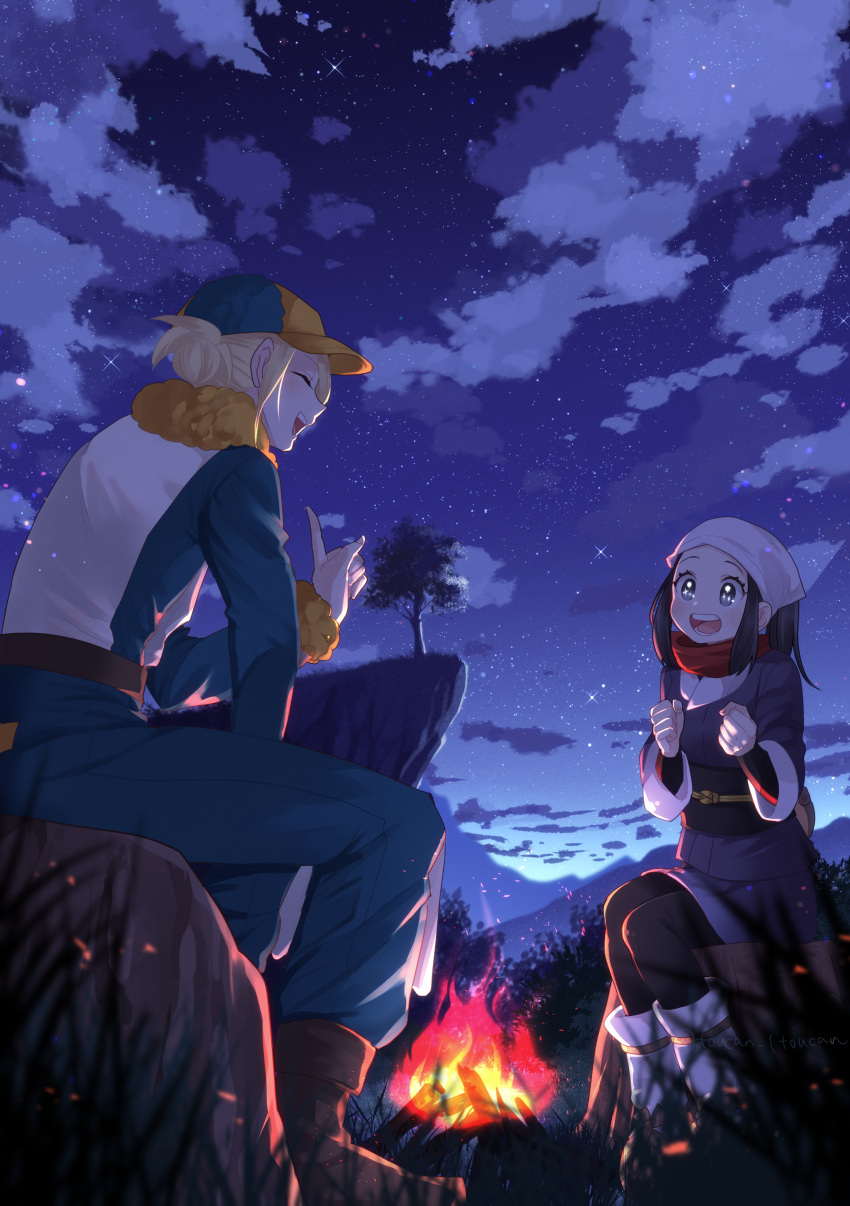 1boy 1girl absurdres akari_(pokemon) blonde_hair blue_eyes blue_hair brown_footwear campfire camping clenched_hands closed_eyes cloud cloudy_sky commentary_request grass hat highres long_hair nature open_mouth outdoors pokemon pokemon_(game) pokemon_legends:_arceus rock scarf short_hair sitting sky somehideyosi sparkling_eyes star_(sky) volo_(pokemon) white_footwear