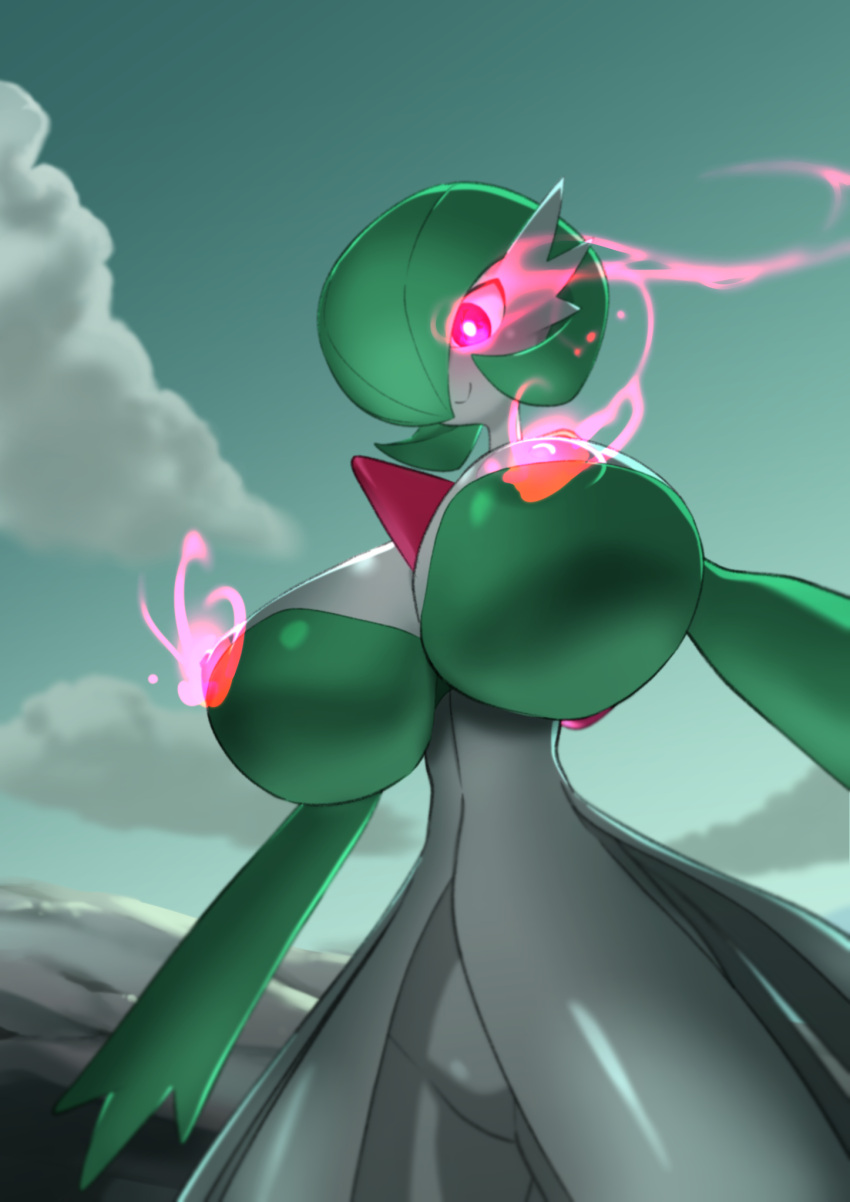 3_fingers alpha_pok&eacute;mon areola areola_slip big_breasts breasts cheek_tuft chest_spike cleavage closed_smile clothed clothing cloud dress facial_tuft featureless_crotch female fingers gardevoir generation_3_pokemon glistening glistening_breasts glowing glowing_eyes glowing_nipples green_body green_hair green_skin hair hi_res huge_breasts humanoid ika_daishougun looking_down low-angle_view macro mouth_closed multicolored_body multicolored_skin nintendo nipple_outline nipple_slip nipples noseless pink_eyes pokemon pokemon_(species) pokemon_legends_arceus pseudo_clothing pupils red_spikes short_hair sky smile solo spikes spikes_(anatomy) standing tuft two_tone_body two_tone_skin unimpressed video_games white_areola white_body white_clothing white_dress white_nipples white_pupils white_skin worm's-eye_view