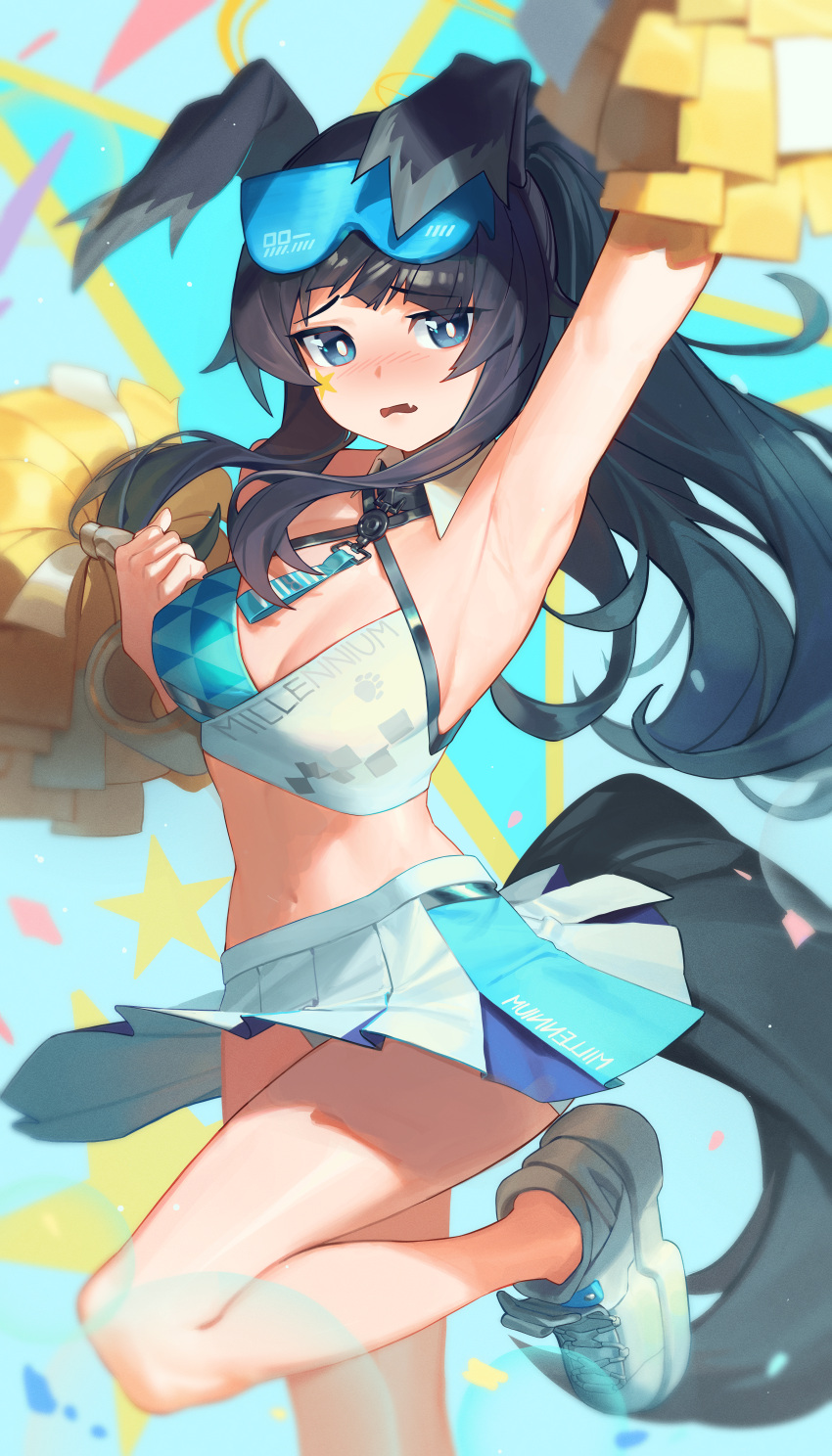 1girl absurdres animal_ears arm_up armpits bangs bare_shoulders black_hair blue_archive blue_eyes blurry blurry_background blurry_foreground blush breasts cheerleader cleavage crop_top depth_of_field dog_ears dog_girl dog_tail eyewear_on_head goggles goggles_on_head halo hibiki_(blue_archive) hibiki_(cheerleader)_(blue_archive) highres holding holding_pom_poms jaws_(okdol0928) long_hair looking_at_viewer medium_breasts midriff miniskirt navel official_alternate_costume pom_pom_(cheerleading) shoes skirt sneakers solo star_(symbol) sunglasses tail thighs very_long_hair