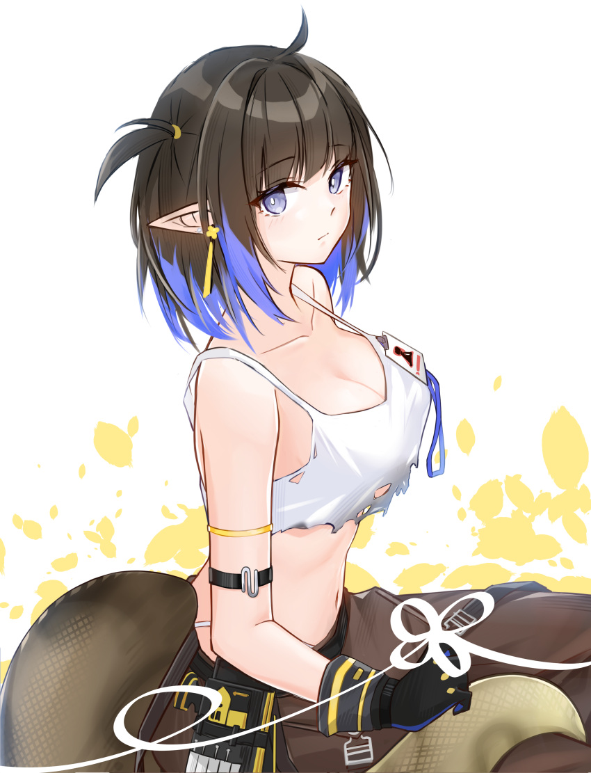 1girl absurdres ahoge arknights bangs bare_shoulders belt black_gloves blue_eyes blue_hair blush breasts bright_pupils brown_hair brown_pants cleavage closed_mouth collarbone crop_top earrings eunectes_(arknights) eunectes_(forgemaster)_(arknights) from_side gloves highres jewelry lalihop large_breasts looking_to_the_side multicolored_hair navel official_alternate_costume one_side_up ooarai_school_uniform pants pointy_ears school_uniform short_hair sitting snake_tail solo strap_gap tail torn two-tone_background two-tone_hair white_background yellow_background