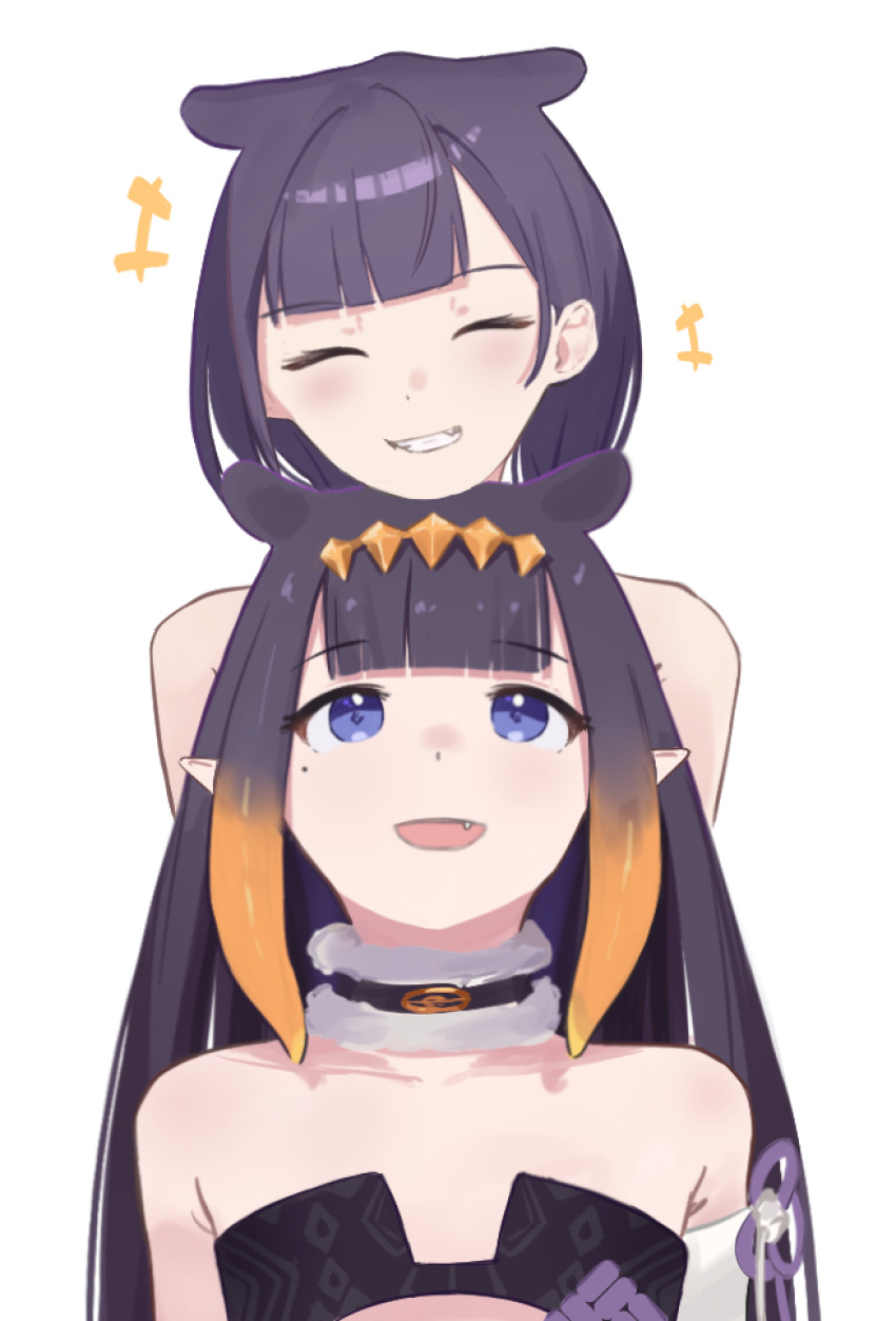 +++ 2girls :d ^_^ bangs bare_shoulders blue_eyes blunt_bangs closed_eyes commentary english_commentary fang grin highres hololive hololive_english koupi_(ku_roiko) ku_roiko long_hair mole mole_under_eye multiple_girls ninomae_ina'nis open_mouth personification pointy_ears purple_hair smile virtual_youtuber