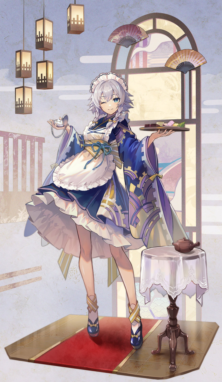 1girl absurdres alternate_costume apron blue_eyes blue_footwear blue_kimono bow braid chain folding_fan food full_body gear_print glint grey_hair hair_bow hand_fan highres holding holding_pocket_watch holding_tray izayoi_sakuya japanese_clothes kimono kyusoukyu lantern long_sleeves looking_at_viewer maid_apron maid_headdress obi one_eye_closed paper_lantern pocket_watch red_carpet round_table sash seigaiha short_hair smile solo table teapot tile_floor tiles tiptoes touhou tray twin_braids upskirt wagashi watch white_apron wide_sleeves yellow_bow