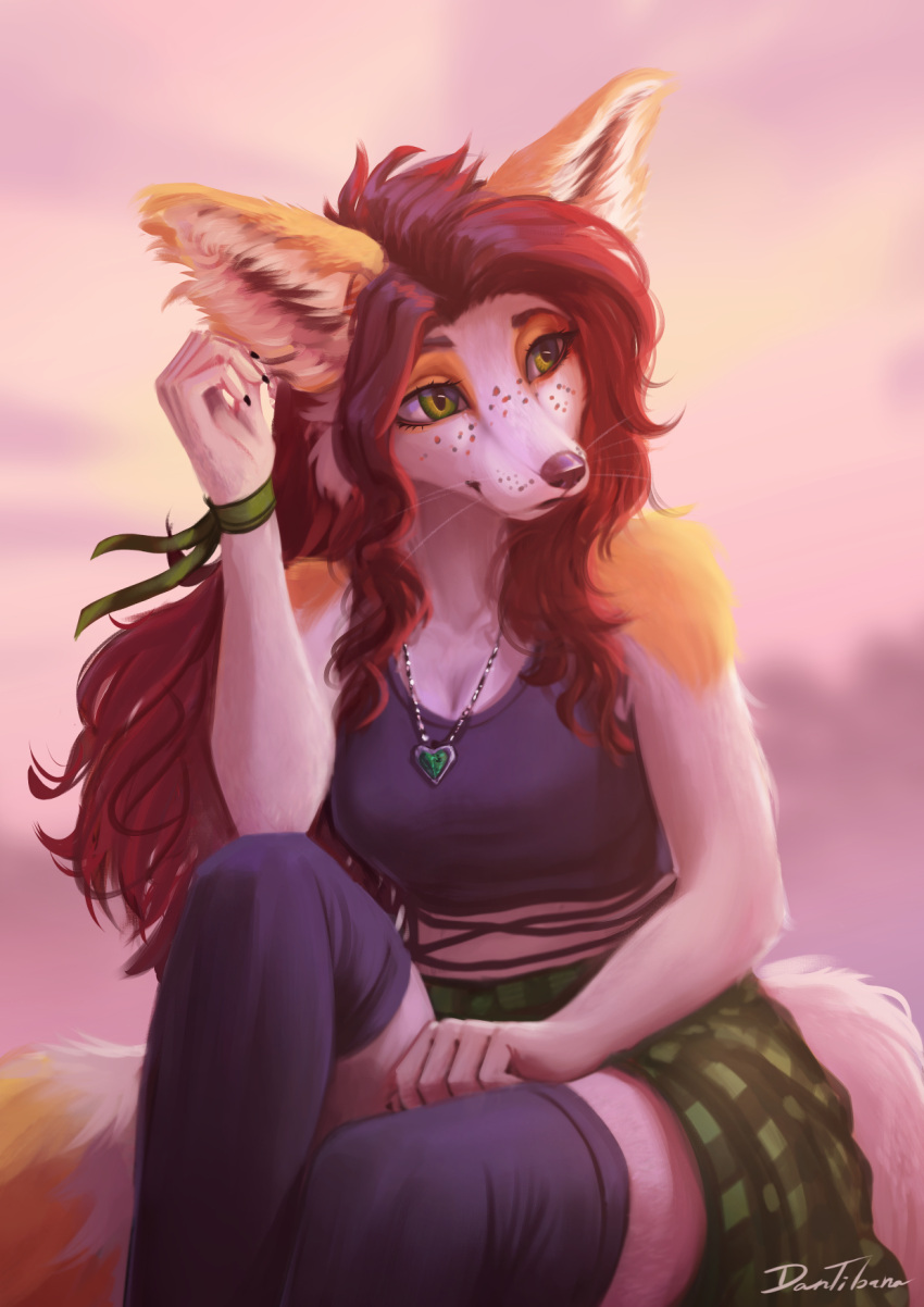 anthro blurred_background bottomwear bracelet breasts brown_hair canid canine claws clothing crop_top daniel_tibana female fox freckles fur gem green_eyes hair hi_res jewelry legwear long_hair looking_away mammal miniskirt necklace orange_body orange_fur outside shirt sitting skirt sky solo thigh_highs topwear whiskers white_body white_fur