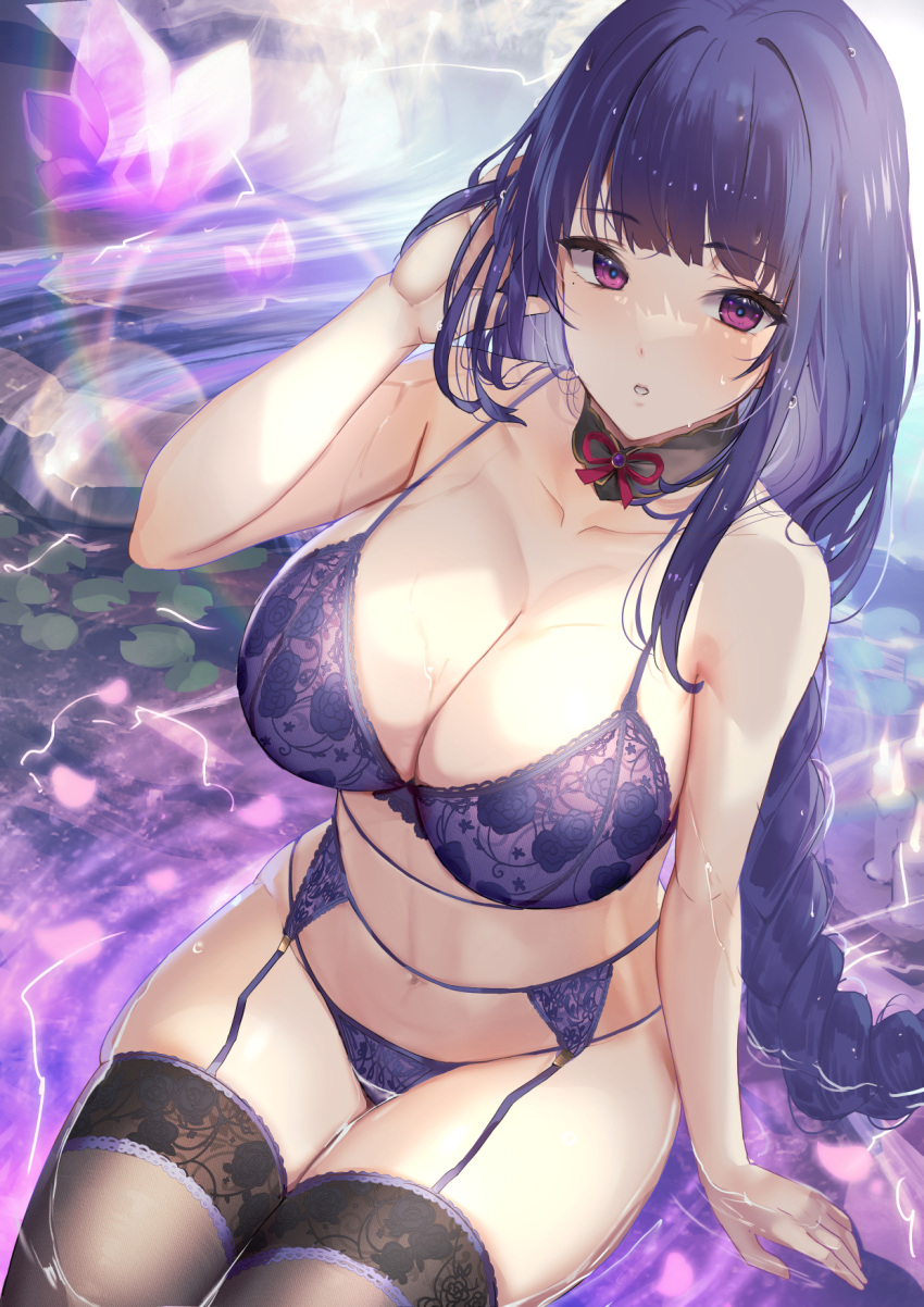 1girl bangs bare_arms bare_shoulders black_choker black_thighhighs bra braid braided_ponytail breasts choker cleavage cowboy_shot embroidered_legwear floral_print garter_belt genshin_impact hand_in_own_hair hand_up highres lace-trimmed_bra lace-trimmed_thighhighs lace_trim large_breasts leaf lens_flare linea_alba long_hair looking_at_viewer matsumoto_mitsuaki mole mole_under_eye navel panties parted_lips purple_bra purple_eyes purple_garter_belt purple_hair purple_panties raiden_shogun shallow_water sidelocks single_braid sitting skindentation solo stomach string_panties thighhighs underwear underwear_only very_long_hair water wet