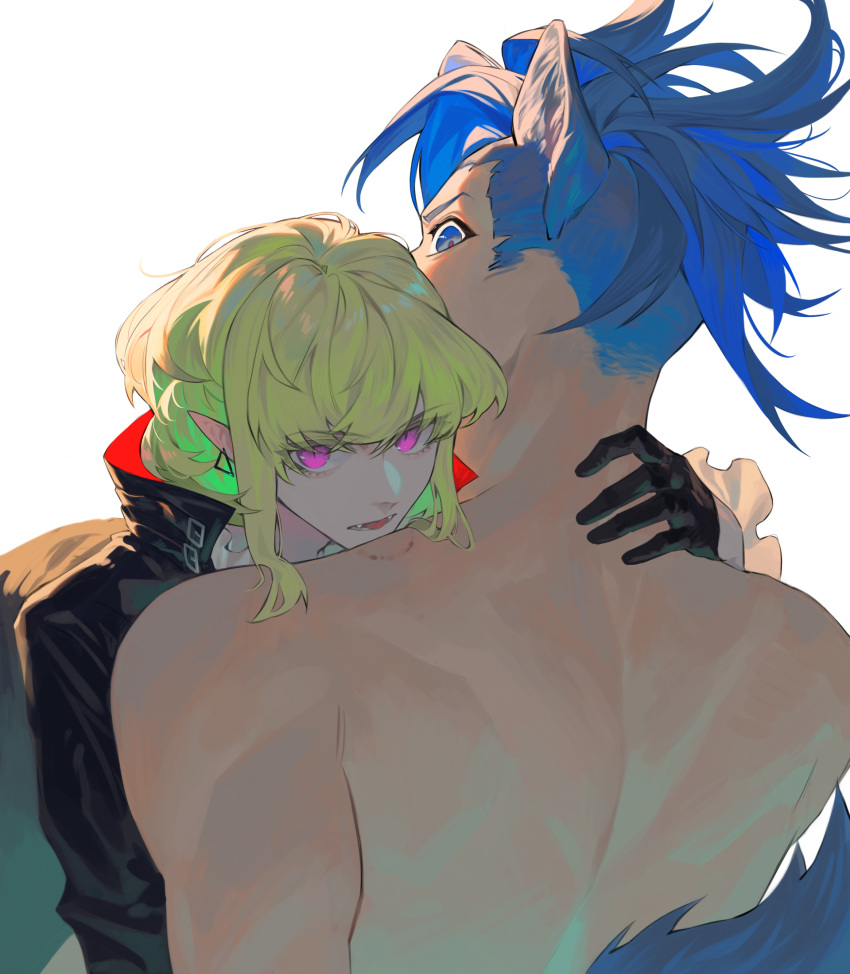 2boys animal_ears back bangs bite_mark black_gloves black_jacket blue_eyes blue_hair chinese_commentary collared_jacket commentary_request covered_mouth earrings eyes_visible_through_hair fangs galo_thymos gloves green_hair hand_on_another's_neck high_collar highres jacket jewelry kemonomimi_mode lio_fotia looking_at_viewer looking_back male_focus multiple_boys nude open_mouth pink_eyes pointy_ears promare short_hair sidelocks simple_background slit_pupils spiked_hair tail toned toned_male undercut upper_body vampire vampire_bite white_background wolf_boy wolf_ears wolf_tail yaoi yuan_di_shaobing
