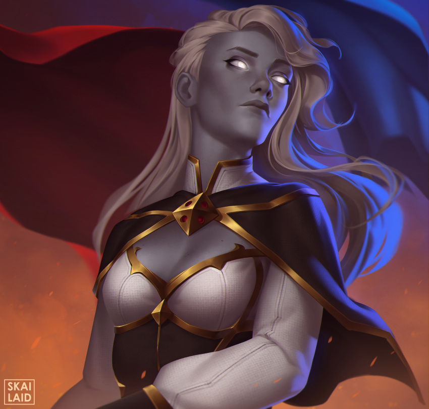 1girl absurdres blonde_hair calia_menethil colored_skin glowing glowing_eyes gold_trim grey_skin highres human_(warcraft) priest_(warcraft) undead warcraft world_of_warcraft yar_shiyan