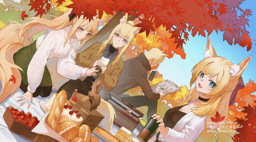 1boy 3girls :t animal_ear_fluff animal_ears aran_sweater arknights aunt_and_niece autumn_leaves basket black_bow black_choker black_pantyhose blemishine_(arknights) blue_eyes blue_shirt blue_sky bottle bow bread breasts bright_pupils brown_jacket cable_knit cake choker cup day dutch_angle eating extra_ears food gogatsu_fukuin grass green_skirt hair_bow highres holding holding_cup holding_food horse_boy horse_ears horse_girl horse_tail jacket kneeling leaf lofter_username long_hair long_sleeves looking_at_viewer maple_leaf mlynar_(arknights) multiple_girls nearl_(arknights) open_clothes open_jacket open_mouth orange_eyes outdoors pantyhose picnic pinecone ponytail reading shirt short_hair siblings sidelocks sisters sitting skirt sky small_breasts sweater tail twitter_username uncle_and_niece very_long_hair weibo_username whislash_(arknights) white_pupils white_sweater yellow_eyes