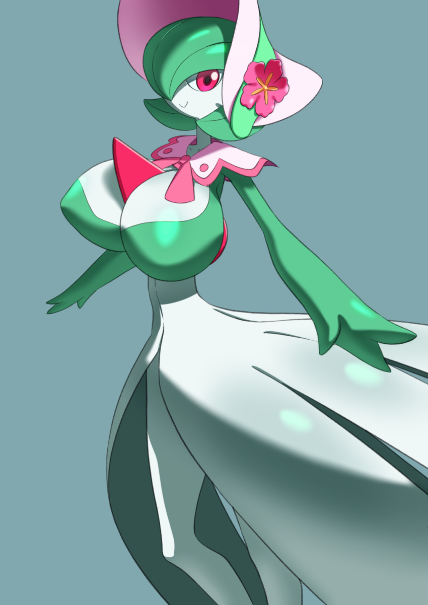 &lt;3 3_fingers big_breasts black_pupils breasts cheek_tuft chest_spike cleavage closed_smile clothed clothing collarbone dress facial_tuft female fingers flower_in_hat gardevoir generation_3_pokemon glistening glistening_breasts glistening_eyes glistening_hair green_body green_hair green_skin grey_background hair hat headgear headwear hi_res humanoid ika_daishougun mouth_closed multicolored_body multicolored_skin nintendo nipple_outline noseless pink_clothing pink_headwear pokemon pokemon_(species) pseudo_clothing pupils red_eyes red_spikes short_hair simple_background small_waist smile solo spikes spikes_(anatomy) standing tuft two_tone_body two_tone_skin video_games white_body white_clothing white_dress white_skin