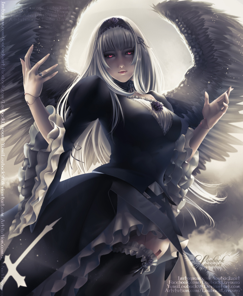 absurdres angel_wings black_wings commentary_request doll doll_joints feathered_wings flower gothic gothic_lolita hairband highres joints lolita_fashion lolita_hairband looking_at_viewer portuguese_commentary purple_eyes rose rozen_maiden suigintou white_hair wings