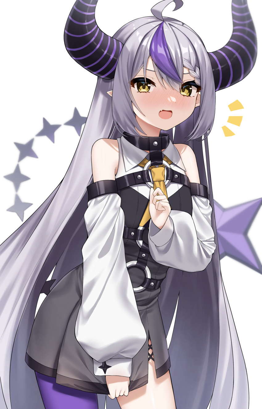 1girl absurdres ahoge ascot bare_shoulders black_choker black_dress blush braid choker demon_girl demon_horns detached_sleeves dress dress_tug fang grey_hair hand_up highres hololive honeyhoppin horns la+_darknesss long_hair long_sleeves looking_at_viewer multicolored_hair o-ring open_mouth pantyhose pointy_ears purple_hair purple_pantyhose sidelocks single_leg_pantyhose skin_fang solo star_(symbol) streaked_hair striped_horns very_long_hair virtual_youtuber white_background yellow_ascot yellow_eyes