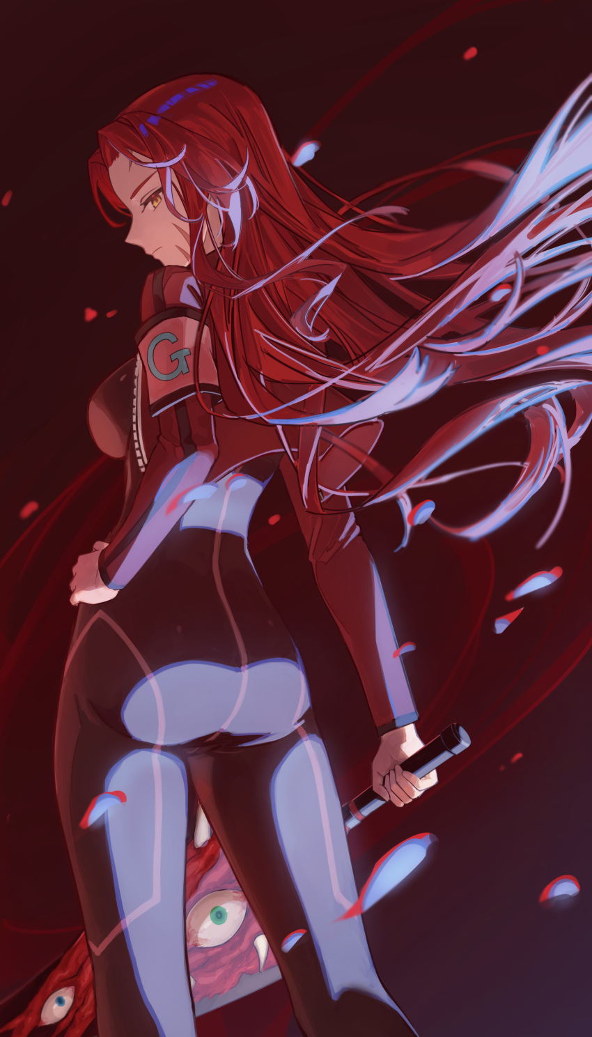 1girl absurdres armband black_bodysuit bodysuit closed_mouth commentary cropped_jacket feet_out_of_frame from_behind gebura_(project_moon) hand_on_hip haro_(haro_339) highres holding holding_sword holding_weapon jacket lobotomy_corporation long_hair long_sleeves looking_at_viewer open_clothes open_jacket profile project_moon red_hair red_jacket scar scar_on_face sideways_glance solo sword weapon yellow_eyes