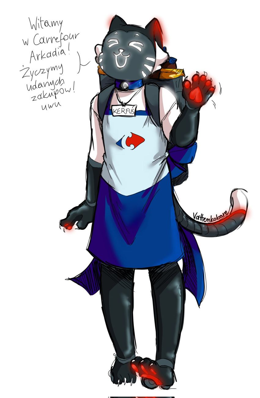 2022 anthro backpack bellabot carrefour chips_(food) claws clothing collar collar_tag dialogue domestic_cat felid feline felis food front_view hi_res kerfus logo male mammal open_mouth pawpads polish_text screen screen_face signature solo speech_bubble standing text vatten_kokare