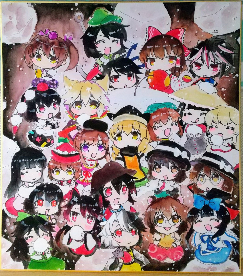 6+girls ajirogasa animal_ears bangs black_hair black_headwear blonde_hair blue_bow blunt_bangs blush bow braid brown_eyes brown_hair cat_ears chen closed_eyes closed_mouth cow_horns earmuffs ebisu_eika futatsuiwa_mamizou green_bow green_headwear grey_hair hair_between_eyes hair_bow hair_tubes hakurei_reimu hat hat_bow highres himekaidou_hatate horns houjuu_nue houraisan_kaguya imaizumi_kagerou inaba_tewi kibou_(73433) kijin_seija kurokoma_saki leaf leaf_on_head light_brown_hair long_earlobes long_hair lyrica_prismriver matara_okina mob_cap multicolored_hair multiple_girls murasa_minamitsu nishida_satono open_mouth pointy_hair pom_pom_(clothes) purple_eyes purple_headwear rabbit_ears raccoon_ears raccoon_tail red_bow red_eyes red_headwear red_horns reiuji_utsuho shameimaru_aya shikishi short_hair short_hair_with_long_locks sidelocks smile split-color_hair star_sapphire streaked_hair tail tokin_hat touhou toyosatomimi_no_miko traditional_media twin_braids twintails usami_renko usami_sumireko ushizaki_urumi white_bow white_hair wolf_ears yatadera_narumi yellow_eyes