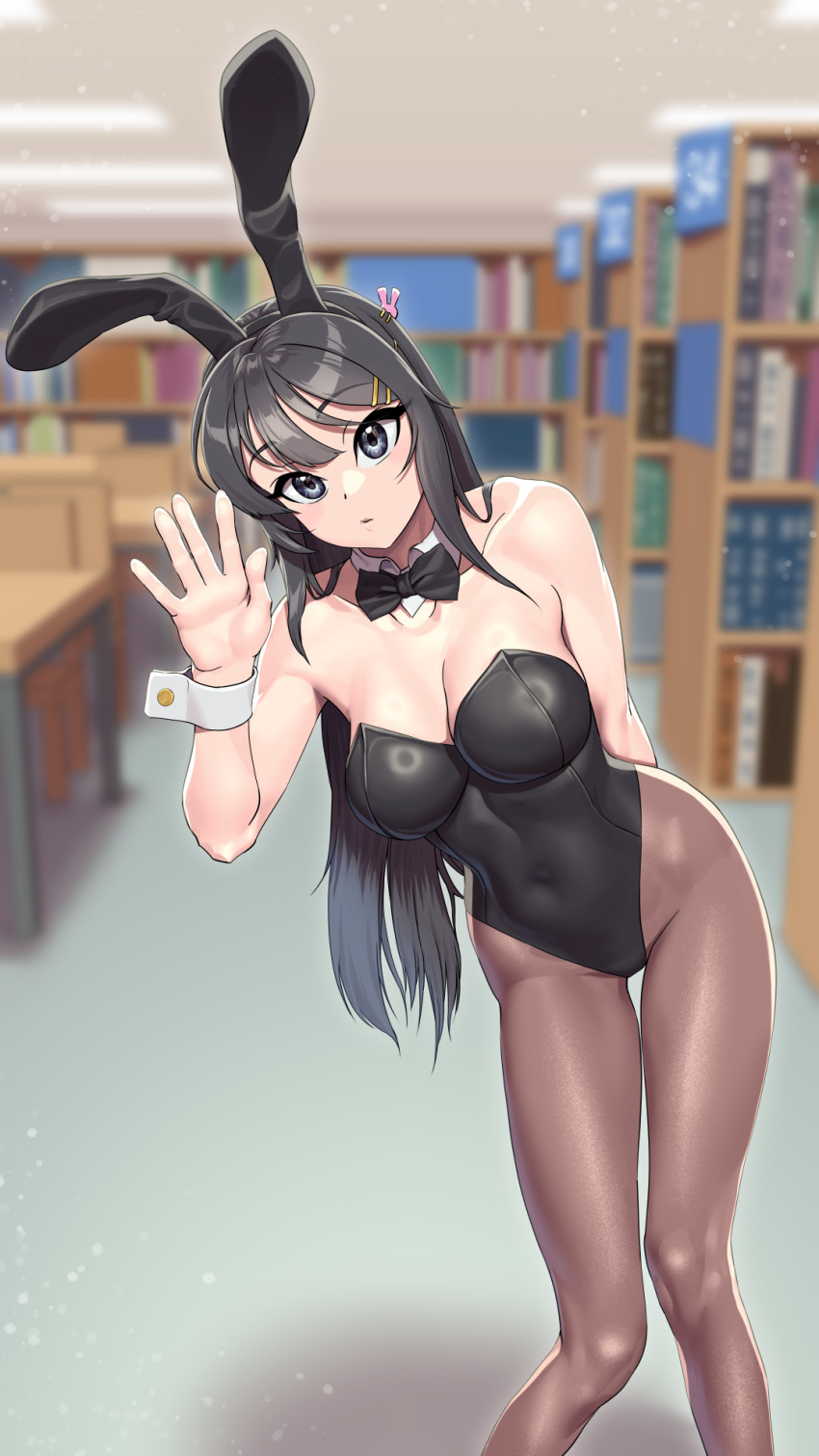 1girl animal_ears arm_behind_back black_bow black_bowtie black_hair black_leotard blue_eyes bookshelf bow bowtie breasts brown_pantyhose cleavage detached_collar fake_animal_ears feet_out_of_frame hair_ornament hairclip highres indoors leaning_to_the_side leotard library long_hair looking_at_viewer lyoung0j medium_breasts pantyhose playboy_bunny rabbit_ears sakurajima_mai seishun_buta_yarou solo strapless strapless_leotard waving wrist_cuffs