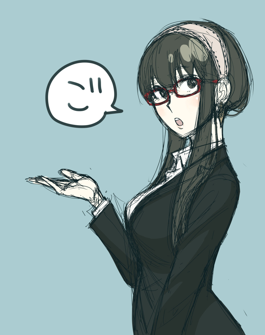 1girl absurdres black_eyes black_hair breasts earrings endou_tatsuya formal from_side glasses hairband highres jewelry large_breasts open_mouth red-framed_eyewear sidelocks sketch solo spy_x_family suit upper_body white_hairband yor_briar