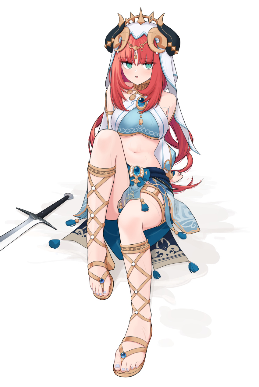 1girl :o absurdres aqua_eyes arms_behind_back bangs bare_shoulders blue_bow blue_skirt bow breasts brooch circlet crop_top detached_sleeves feet foreshortening full_body genshin_impact gladiator_sandals gold_footwear gold_trim harem_outfit highres horns jagd jewelry knee_up leaning_back long_hair long_sleeves looking_at_viewer medium_breasts nail_polish navel neck_ring nilou_(genshin_impact) parted_bangs parted_lips pelvic_curtain red_hair sandals sidelocks simple_background sitting skirt solo stomach sword thighlet toenail_polish toenails toes twintails veil weapon white_background