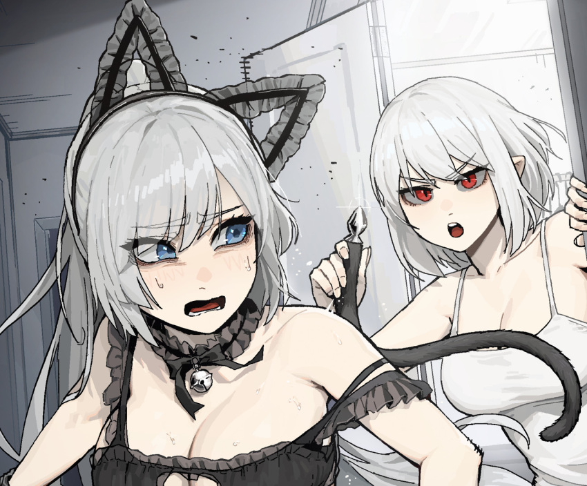 2girls anal_tail animal_ears bangs bell blue_eyes blush breasts ceiling_light choker eyes_visible_through_hair fake_animal_ears fake_tail gogalking grin holding holding_clothes holding_sex_toy indoors jingle_bell large_breasts maid_(gogalking) multiple_girls original red_eyes smile tail tank_top upper_body vampire's_sister_(gogalking) white_tank_top