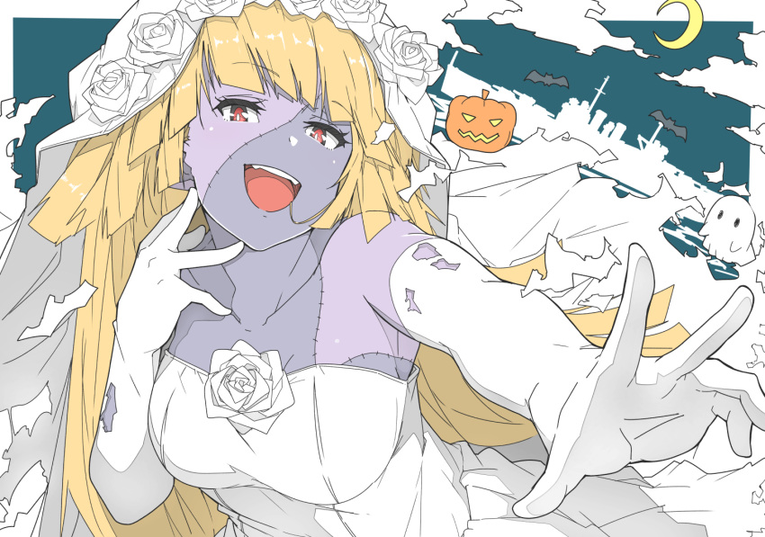 1girl bare_shoulders blonde_hair breasts bridal_veil brooklyn_(kancolle) colored_skin crescent_moon dress elbow_gloves flower ghost gloves grey_skin halloween_costume jack-o'-lantern kantai_collection long_hair medium_breasts moon ninimo_nimo official_alternate_costume patchwork_skin pumpkin red_eyes rose solo torn_clothes upper_body veil wedding_dress white_dress white_flower white_gloves white_rose zombie