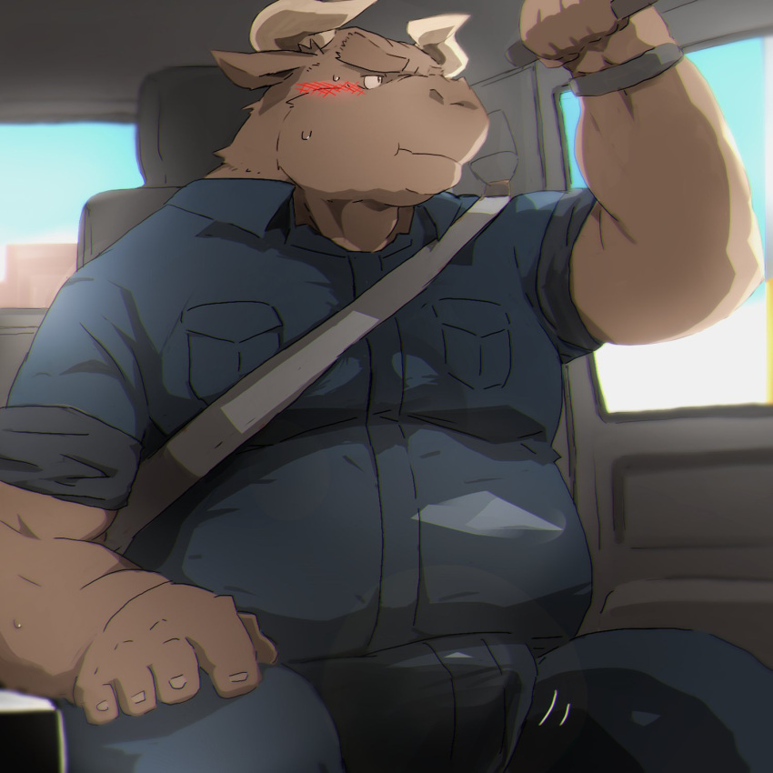 2022 anthro blush bottomwear bovid bovine brown_body bulge car cattle clothing hi_res humanoid_hands inside_car kemono kisukemk777 male mammal overweight overweight_male pants shirt sitting solo topwear vehicle