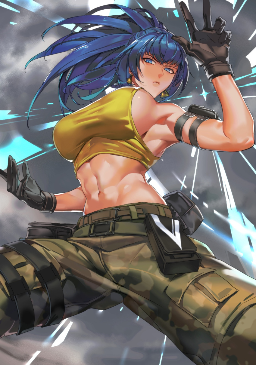 1girl armlet bangs bare_shoulders belt blue_eyes blue_hair breasts camouflage camouflage_pants earrings gloves highres jewelry large_breasts leona_heidern looking_at_viewer midriff navel pants ponytail pouch sleeveless solo tank_top the_king_of_fighters the_king_of_fighters_xv tomcat_li toned triangle_earrings yellow_tank_top