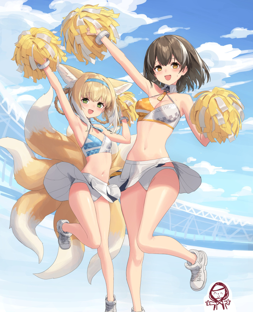 2girls :d absurdres animal_ears arknights arms_up blue_hairband blue_sky blue_sports_bra braid breasts brown_hair cheerleader cleavage cosplay detached_collar fox_ears fox_girl fox_tail hairband hibiki_(blue_archive) hibiki_(blue_archive)_(cosplay) hibiki_(cheerleader)_(blue_archive) highres kitsune kotori_(blue_archive) kotori_(blue_archive)_(cosplay) kotori_(cheerleader)_(blue_archive) magallan_(arknights) medium_hair multicolored_hair multiple_girls multiple_tails open_mouth orange_sports_bra oripathy_lesion_(arknights) outdoors panties shoes sigm@ skirt sky small_breasts smile sports_bra streaked_hair suzuran_(arknights) tail thighhighs two-tone_bra underwear upskirt white_footwear white_hair white_panties white_skirt white_sports_bra white_thighhighs