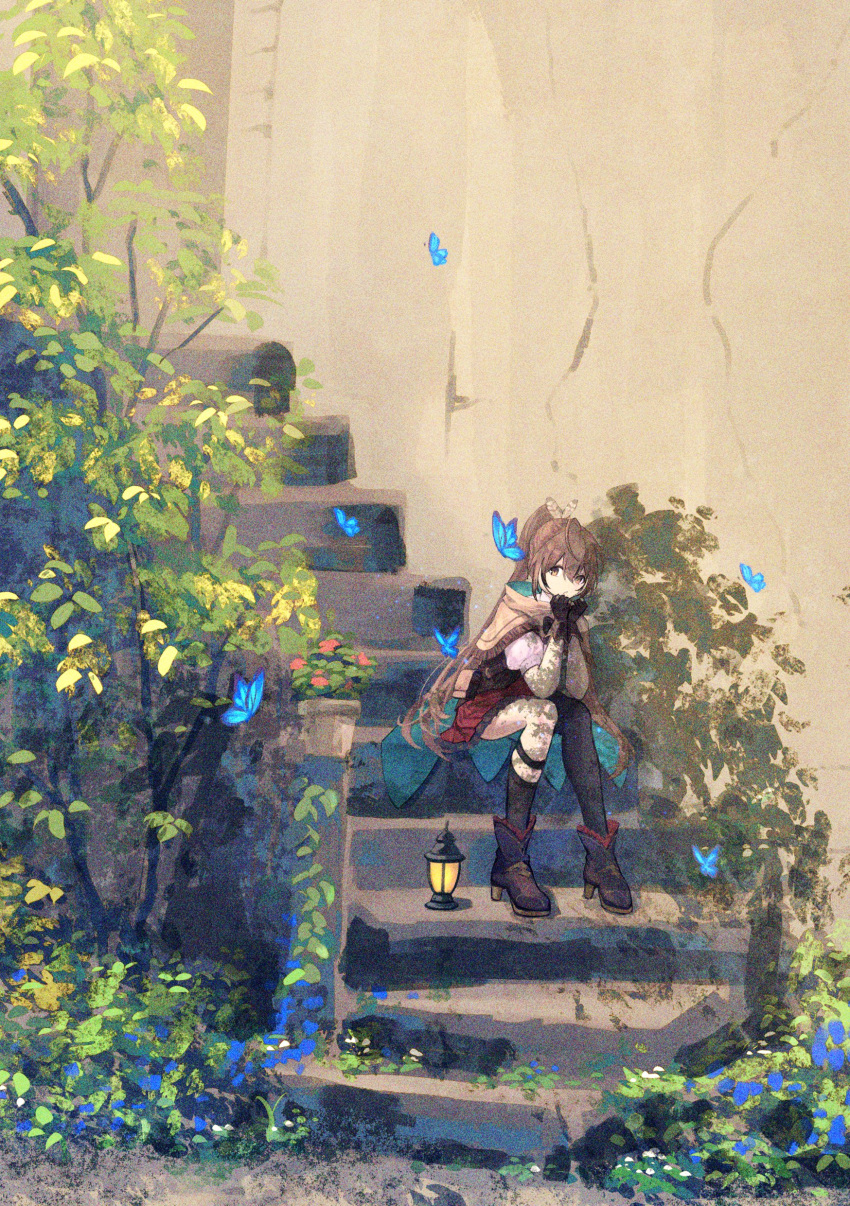 1girl absurdres ahoge ankle_boots asymmetrical_legwear bangs belt boots brown_capelet brown_cloak brown_corset brown_eyes brown_hair bug bush butterfly cape capelet cloak corset feather_hair_ornament feathers foliage gloves hair_ornament hairclip highres hololive hololive_english knee_strap kneehighs lantern long_hair multicolored_hair nanashi_mumei partially_fingerless_gloves pleated_skirt ponytail pouch red_skirt ribbon shirt single_kneehigh single_sock single_thighhigh sitting sitting_on_stairs skirt socks stairs stone_stairs streaked_hair thigh_strap thighhighs tree very_long_hair virtual_youtuber white_shirt xyunx
