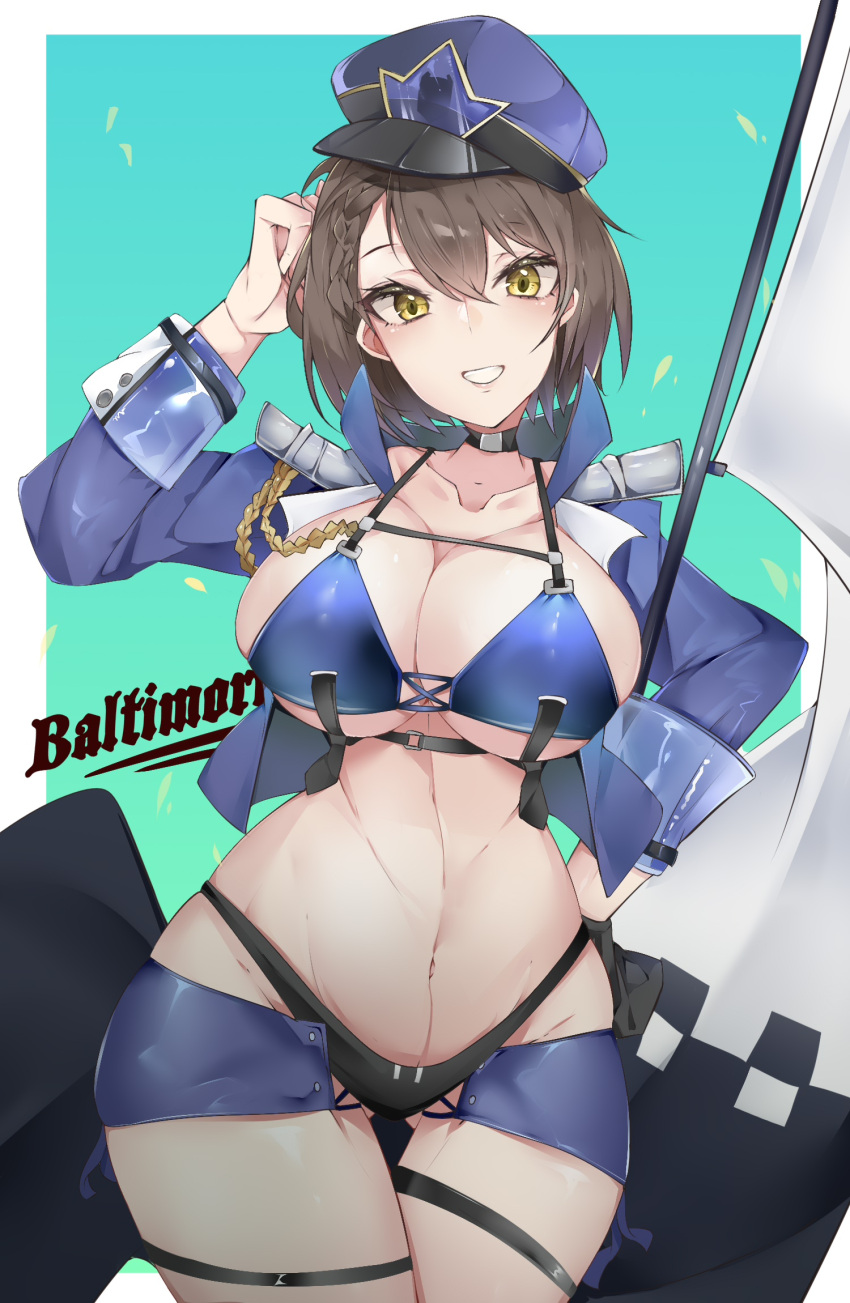 1girl azur_lane baltimore_(azur_lane) baltimore_(finish_line_flagbearer)_(azur_lane) breasts brown_hair checkered_flag choker flag hat highleg highres jacket kive large_breasts medium_hair navel official_alternate_costume race_queen smile solo yellow_eyes